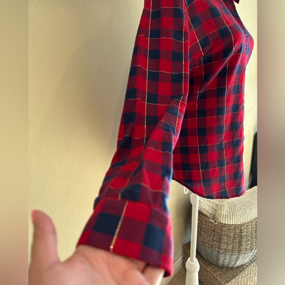Splendid Women’s Red/Blue Long Sleeve Plaid w/Split Tail & Gold Triming - Size M - Picture 6 of 11